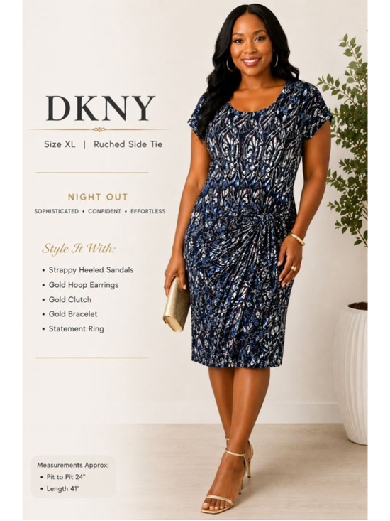 Dkny Dresses & Skirts - DKNY Blue Abstract Print Ruched Side Tie Dress XL Stretch Midi